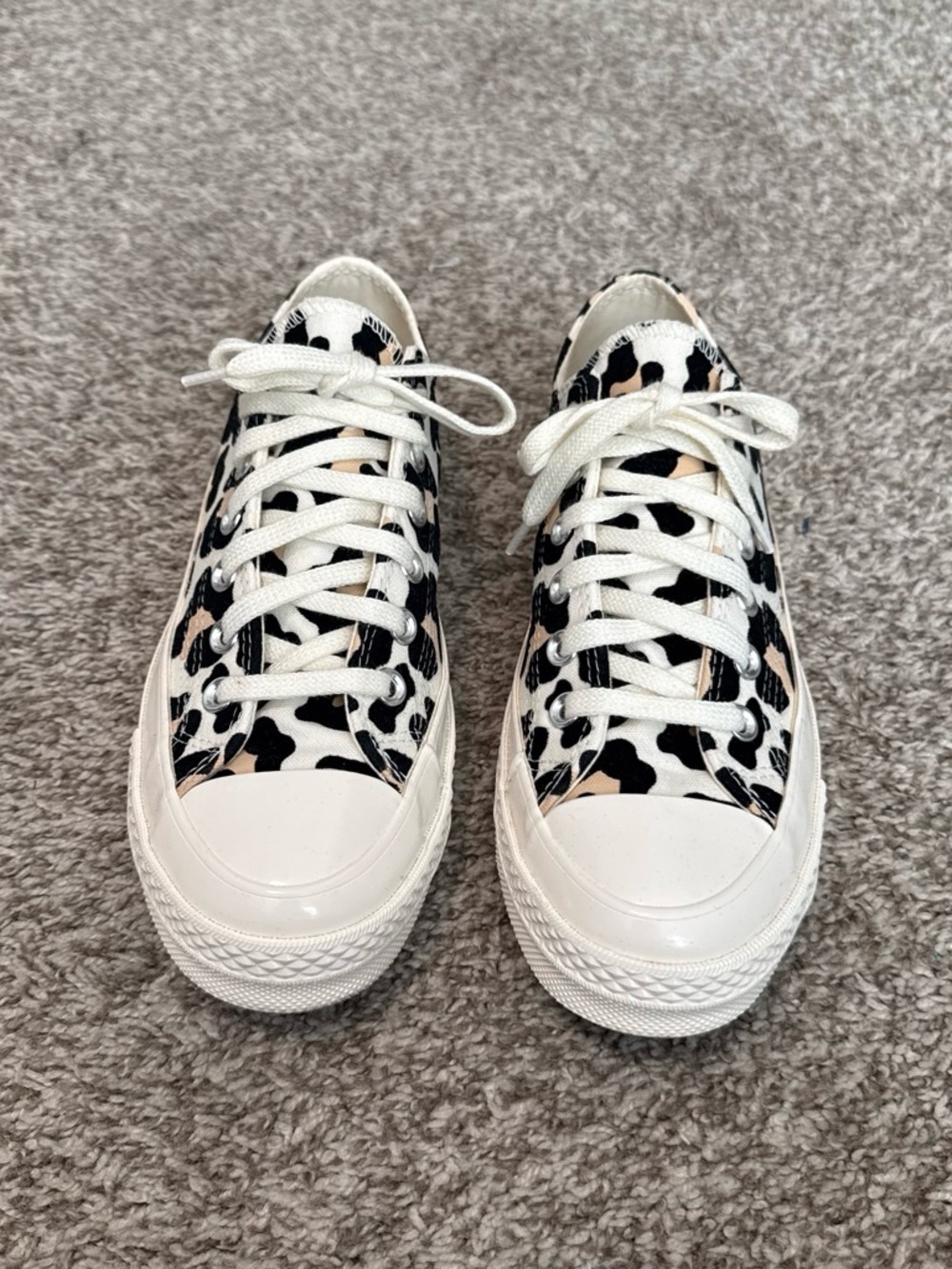 Women's White Converse Canvas Low-Top Sneakers with Black and Tan Cow Print